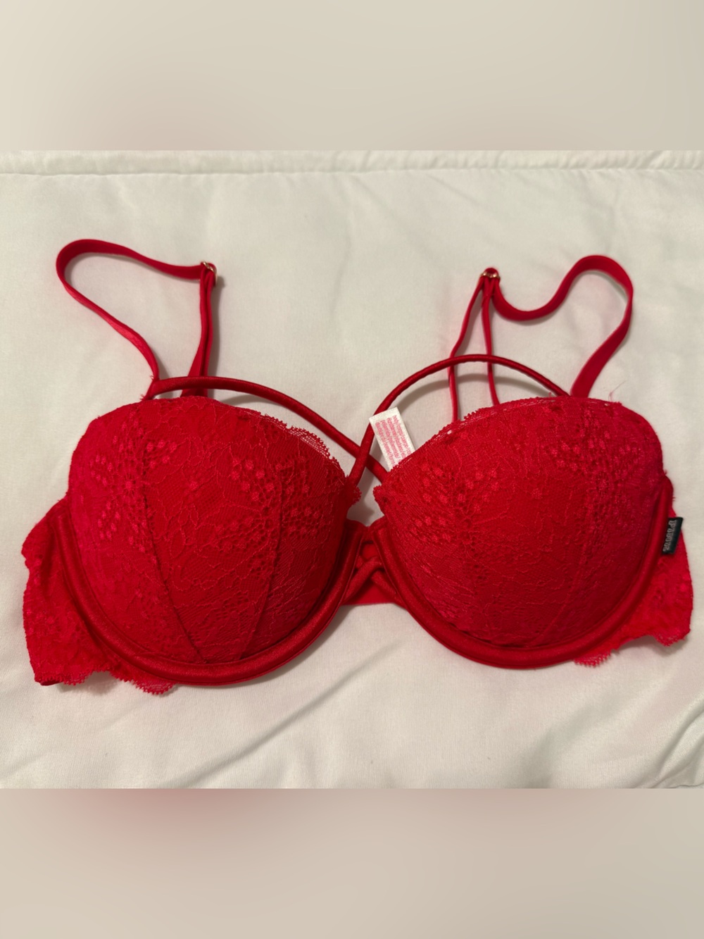 PINK Victoria's Secret Red Lace Push-Up Bra with Strappy Accents